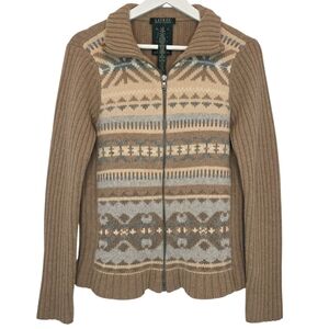 LAUREN RALPH LAUREN Women's Fair Isle Zip Wool Sweater Jacket Sz L Cozy Heritage